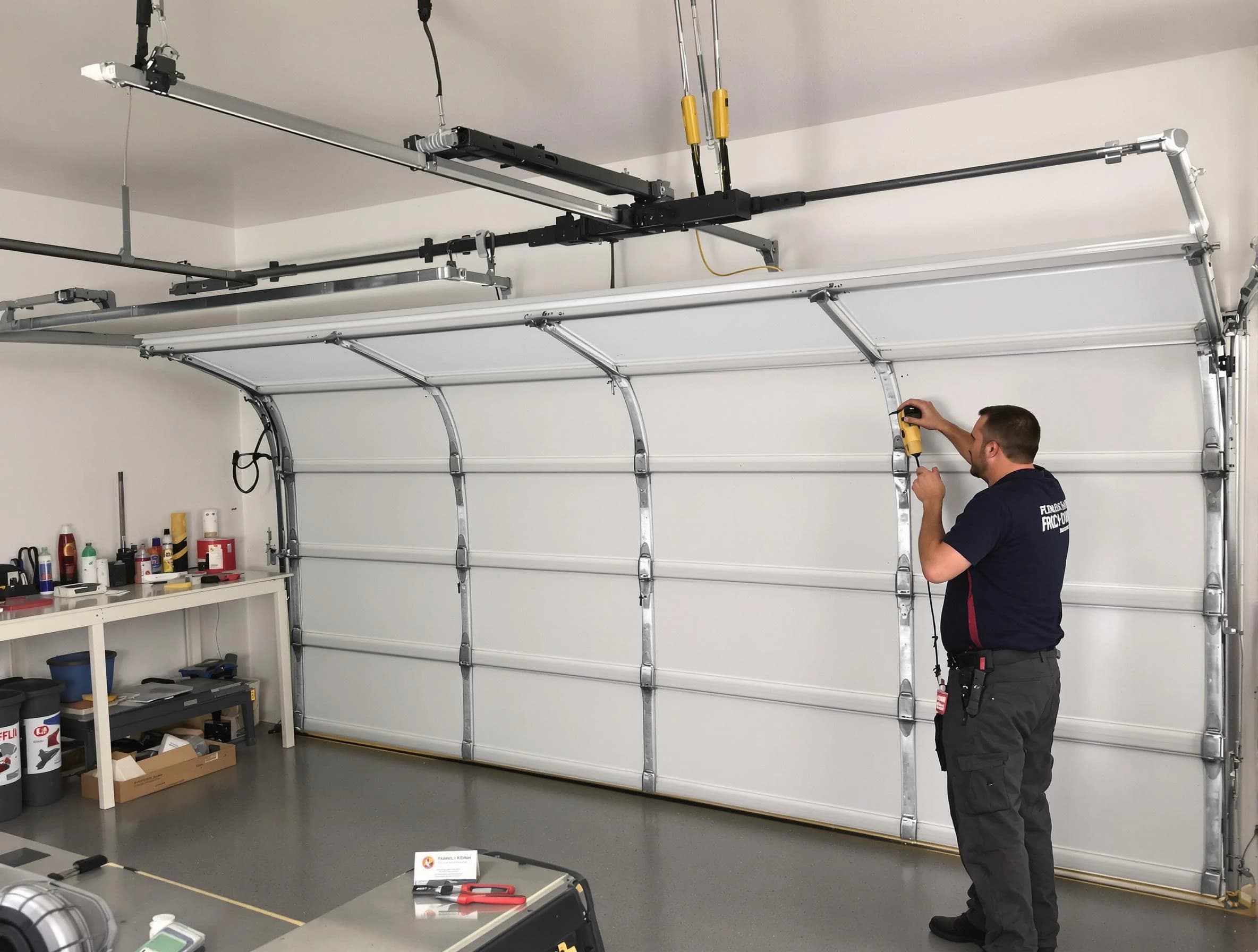 Needham Garage Door Repair certified technician performing overhead door system repair in Needham