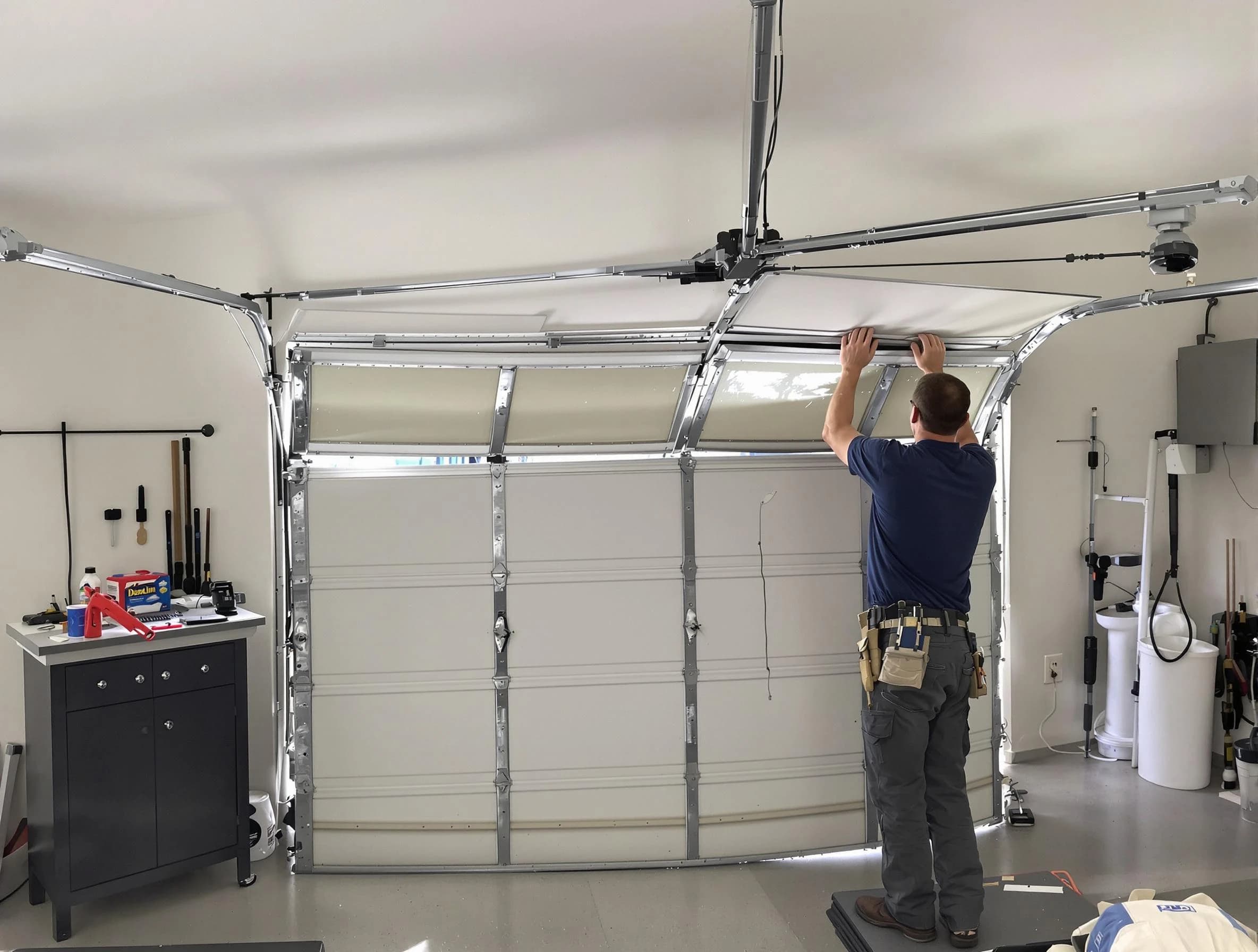 Needham Garage Door Repair specialist performing precise section replacement on Needham garage door