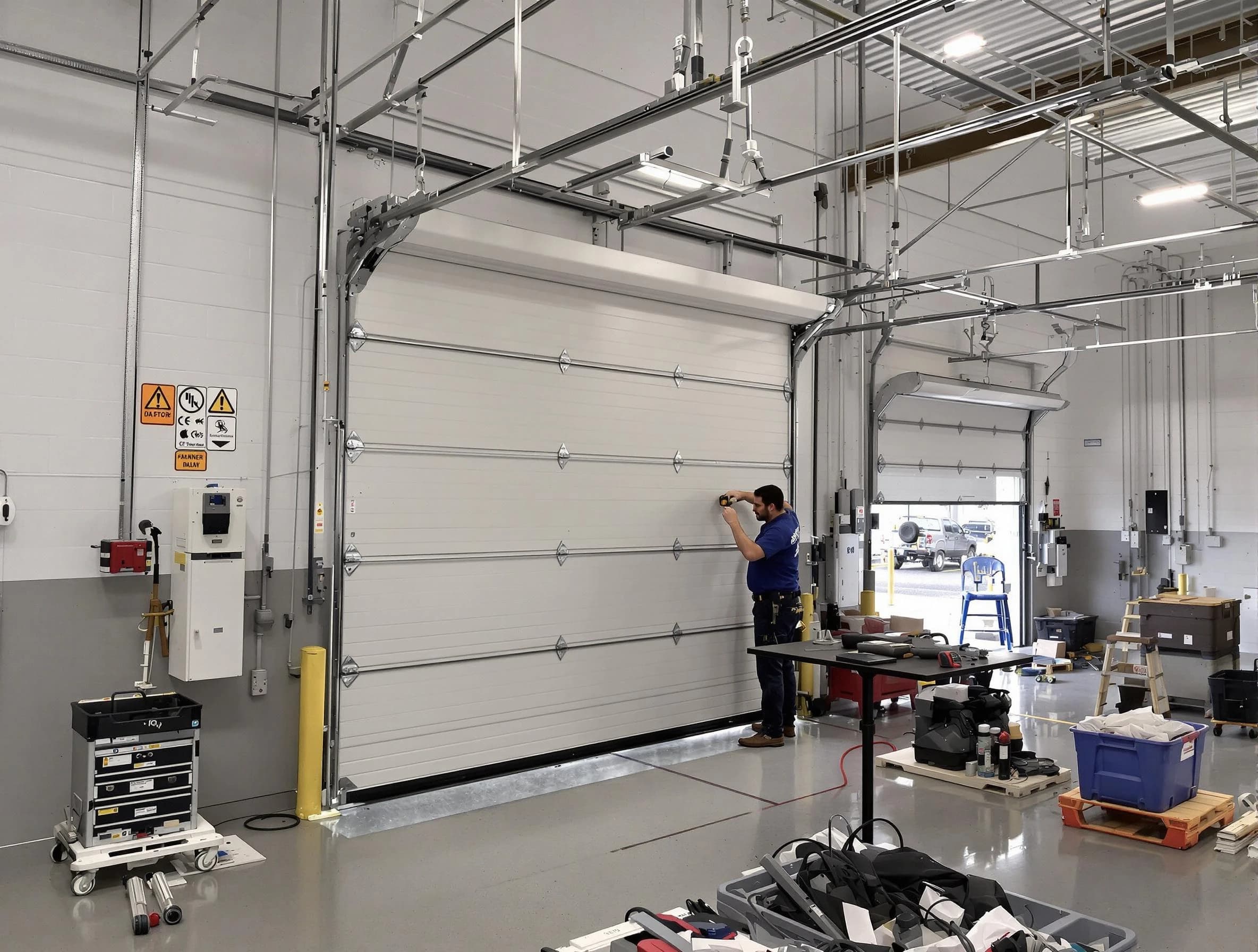 Commercial garage door repair being performed by Needham Garage Door Repair expert in Needham