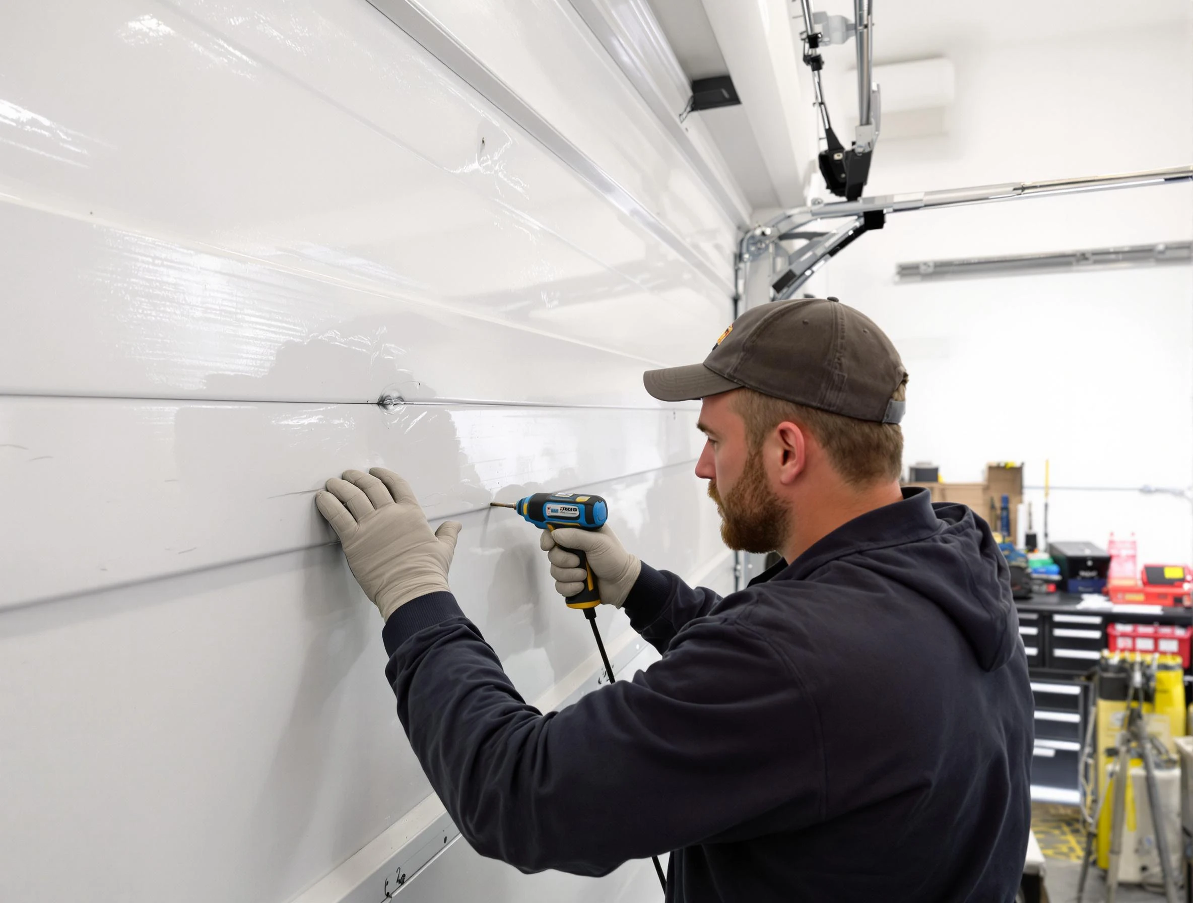 Needham Garage Door Repair technician demonstrating precision dent removal techniques on a Needham garage door