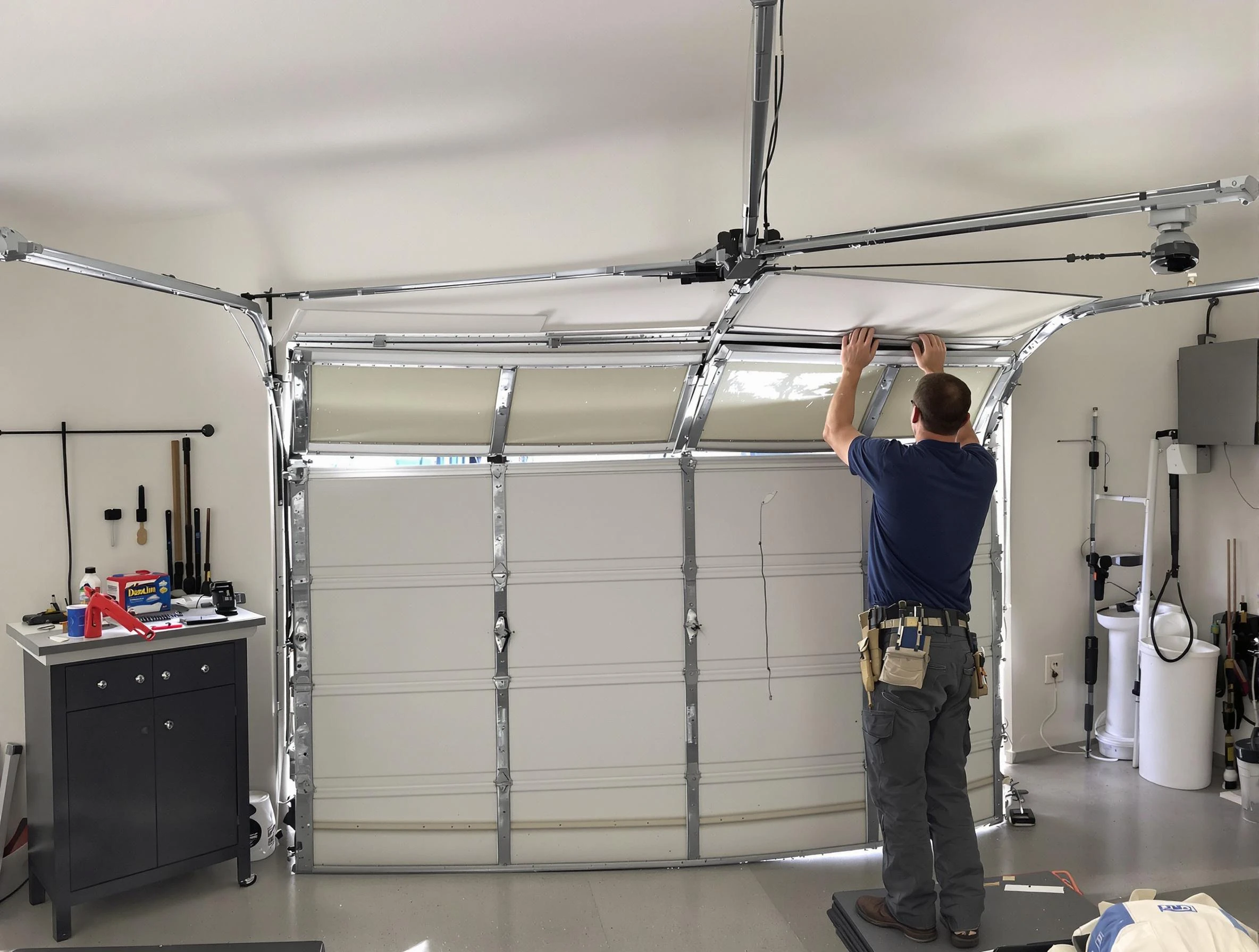 Needham Garage Door Repair specialist performing precise section replacement on Needham garage door